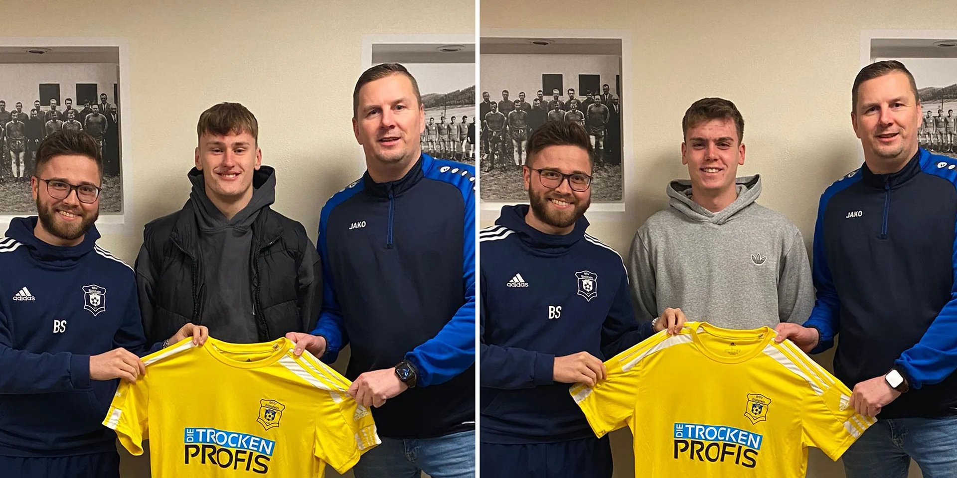 Der sportliche Leiter Björn Schumacher (l.) und der neue Trainer Sven Reuber (r.) freuen sich über die Zusagen von Bastian Buik (m., Bild links) und Nikolas Mennicken (m., Bild rechts)